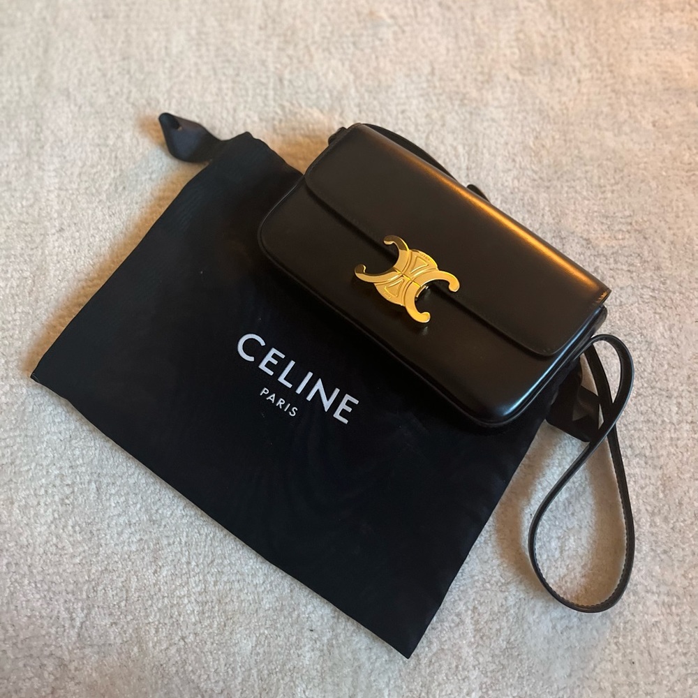 Authentic Celine Triomphe Shoulder Bag in Shiny Black Calfskin Leather (2022)